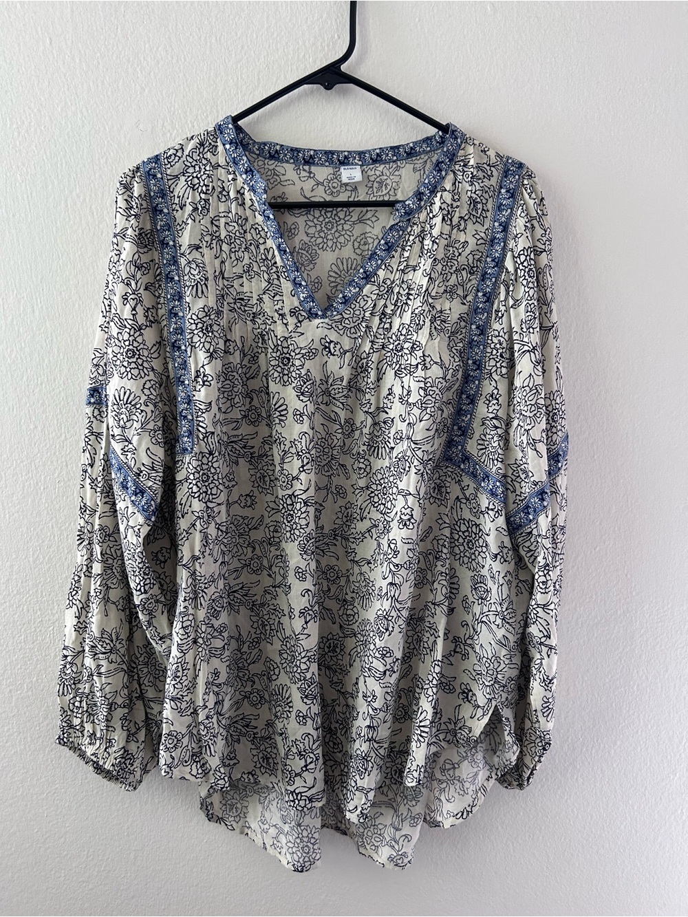 Blue Cream Pleated Floral Peasant Top Boho Prairie Cottagecore Size Larg